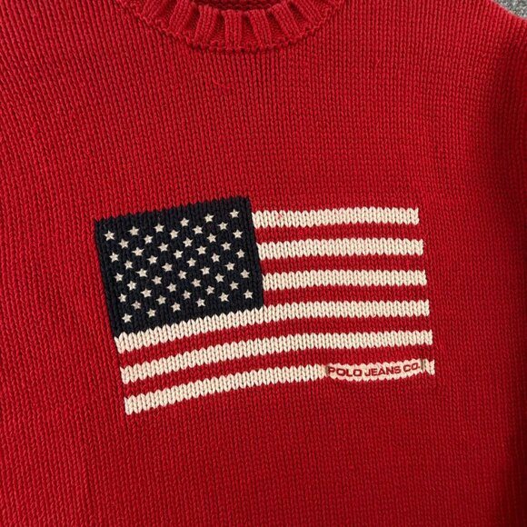 Ralph Lauren Polo Jeans Knit Flag Sweater Graphic USA Heavyweight Red Pullover - Picture 2 of 16